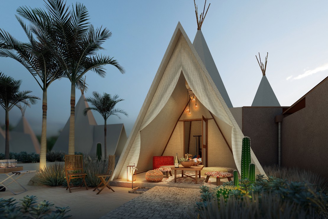The exterior of a tipi tent at The ANMON Resort Bintan